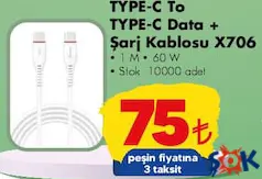 NEOWİSE TYPE-C TO TYPE-C DATA+ŞARJ KABLOSU X706 fiyat ve kampanya bilgisi